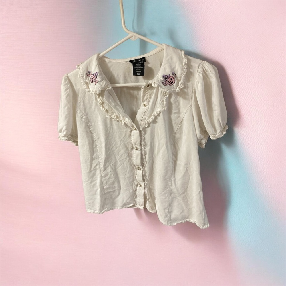 Sweet Society Pink Jack-O'-Lanterns Ruffle Collar Girls Top - Picture 4 of 6